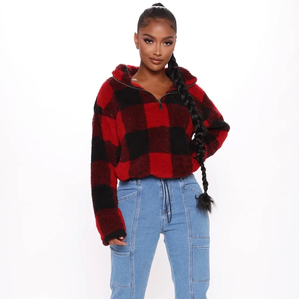 Fashion nova Plaid The Game Sherpa Pullover - Red/combo - Picture 2 of 7